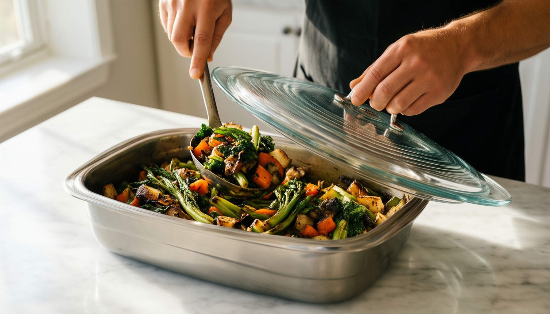 tefal comfort max casserole dish 24cm — lifestyle photo showing Tefal Comfort Max Stainless in use