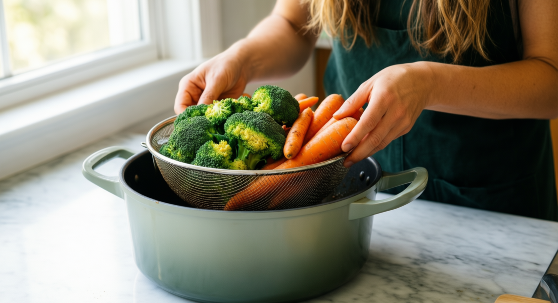 all-clad simply strain stockpot — lifestyle photo showing All-Clad Simply Strain Stainless in use
