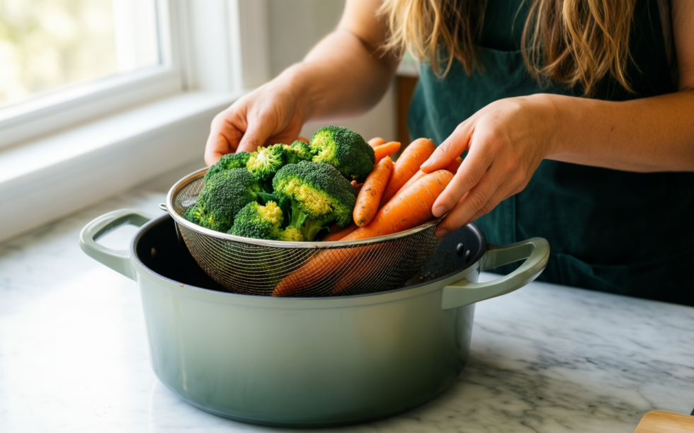 all-clad simply strain stockpot — lifestyle photo showing All-Clad Simply Strain Stainless in use