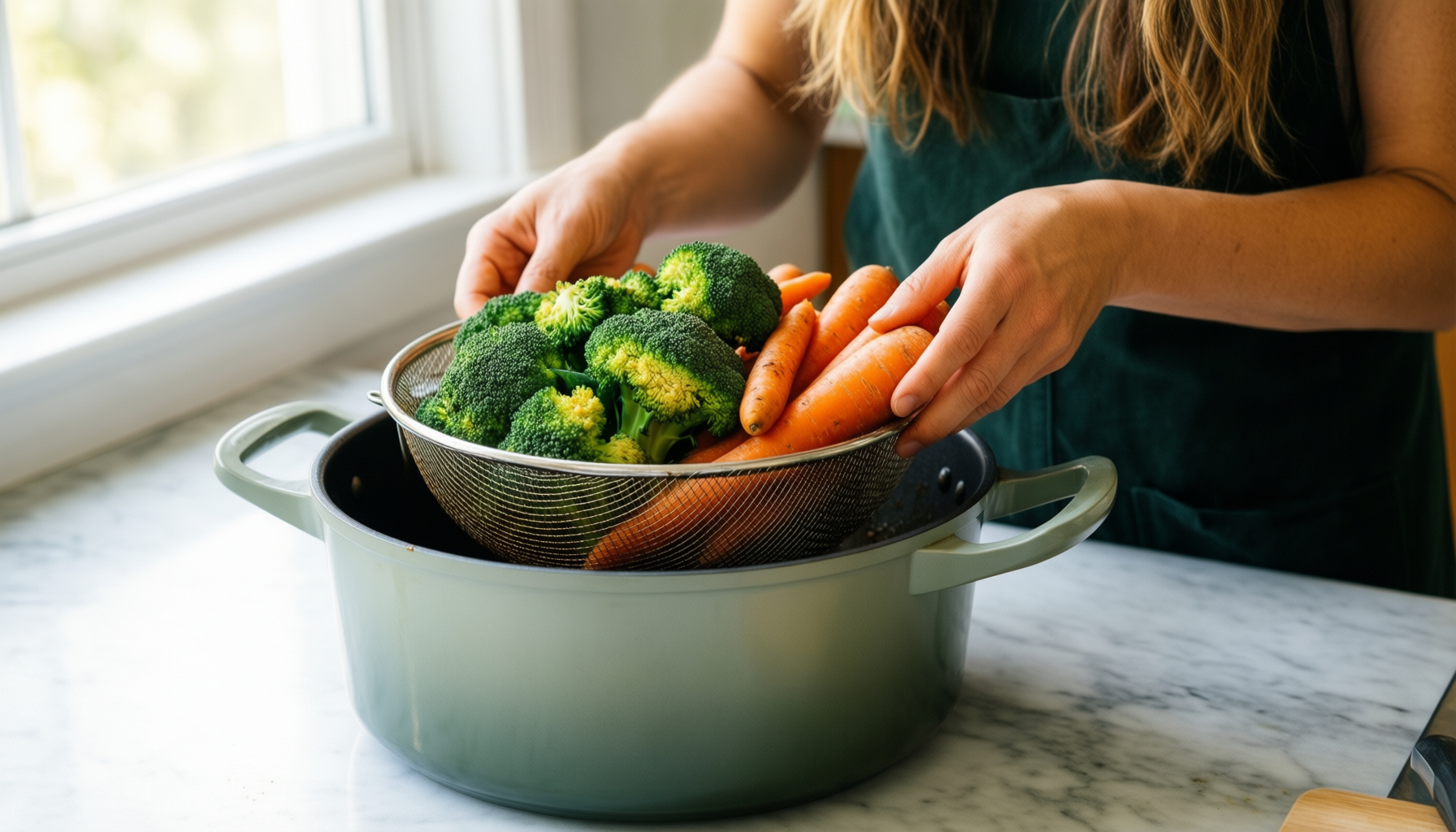 all-clad simply strain stockpot — lifestyle photo showing All-Clad Simply Strain Stainless in use