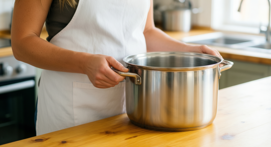kitchenaid hard anodized stock pot — lifestyle photo showing KitchenAid Hard Anodized Induction in use