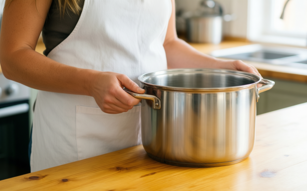 kitchenaid hard anodized stock pot — lifestyle photo showing KitchenAid Hard Anodized Induction in use