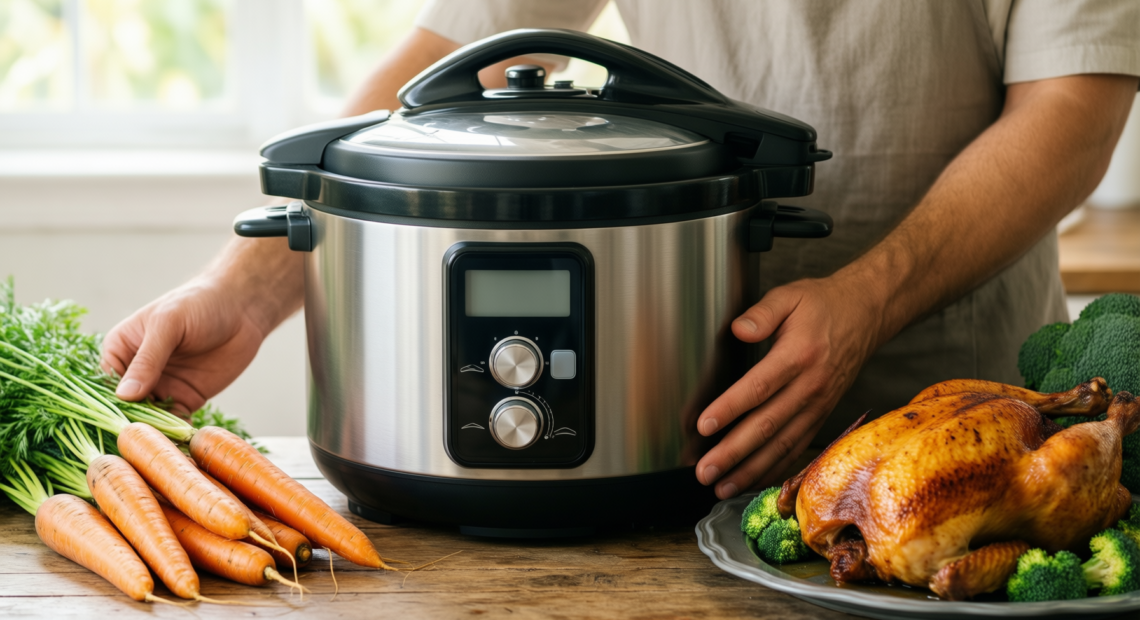 midea electric pressure cooker 6l — lifestyle photo showing Midea Electric Pressure Cooker in use