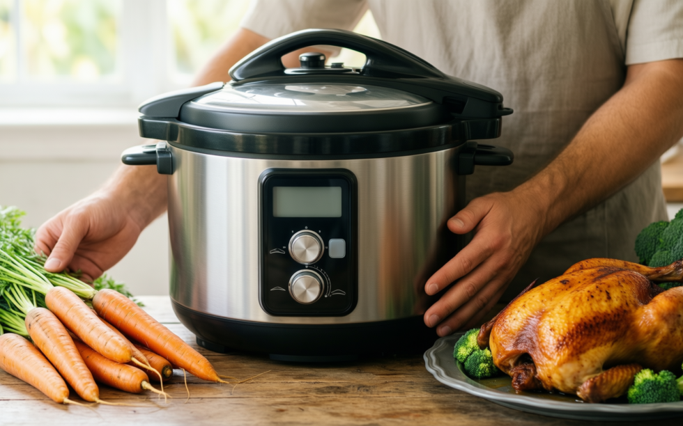 midea electric pressure cooker 6l — lifestyle photo showing Midea Electric Pressure Cooker in use