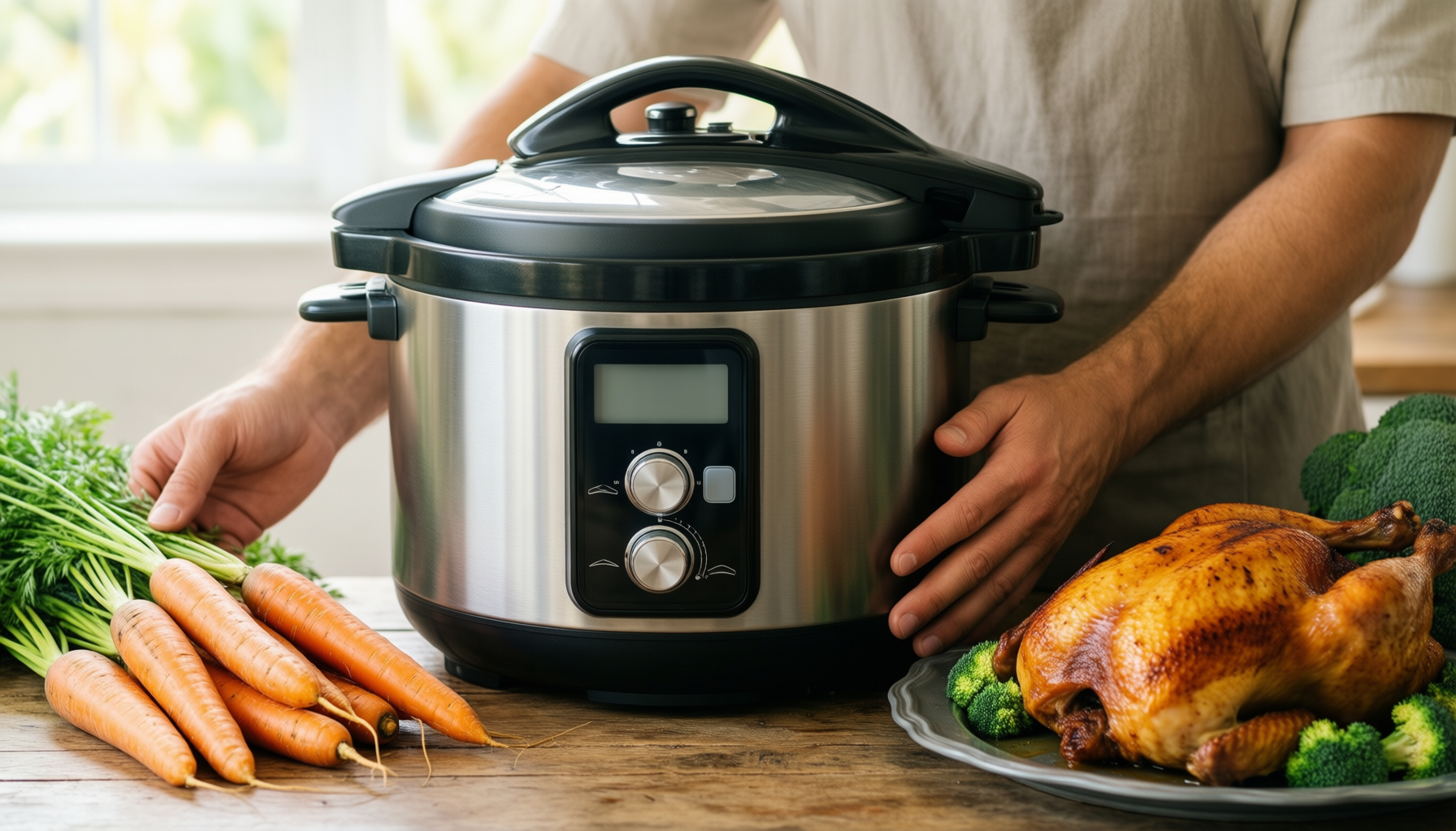 midea electric pressure cooker 6l — lifestyle photo showing Midea Electric Pressure Cooker in use