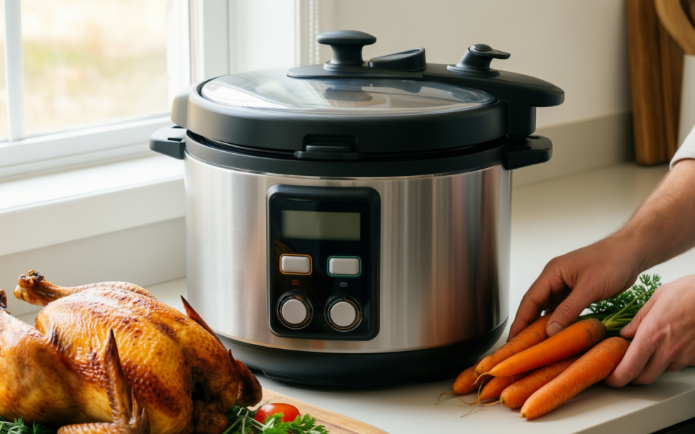 midea pressure cooker 7.6l — lifestyle photo showing Midea Pressure Cooker 7.6L, in use
