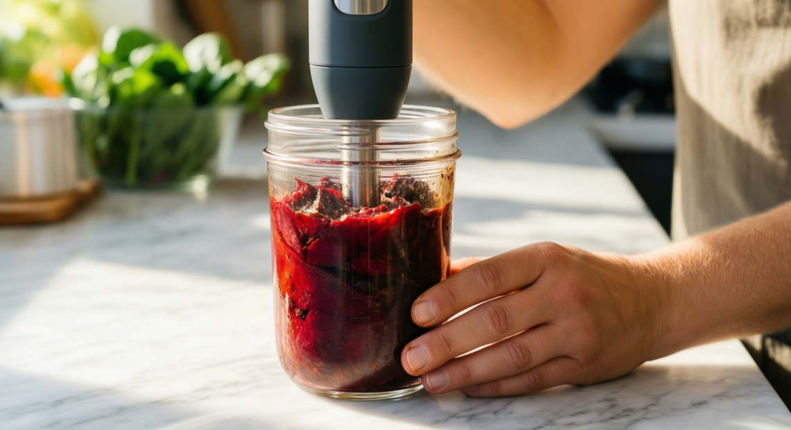 cordless immersion blender — lifestyle photo showing Cordless Immersion Blender Handheld: in use