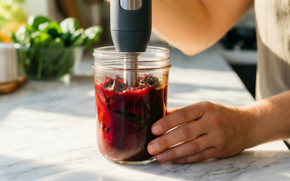 cordless immersion blender — lifestyle photo showing Cordless Immersion Blender Handheld: in use