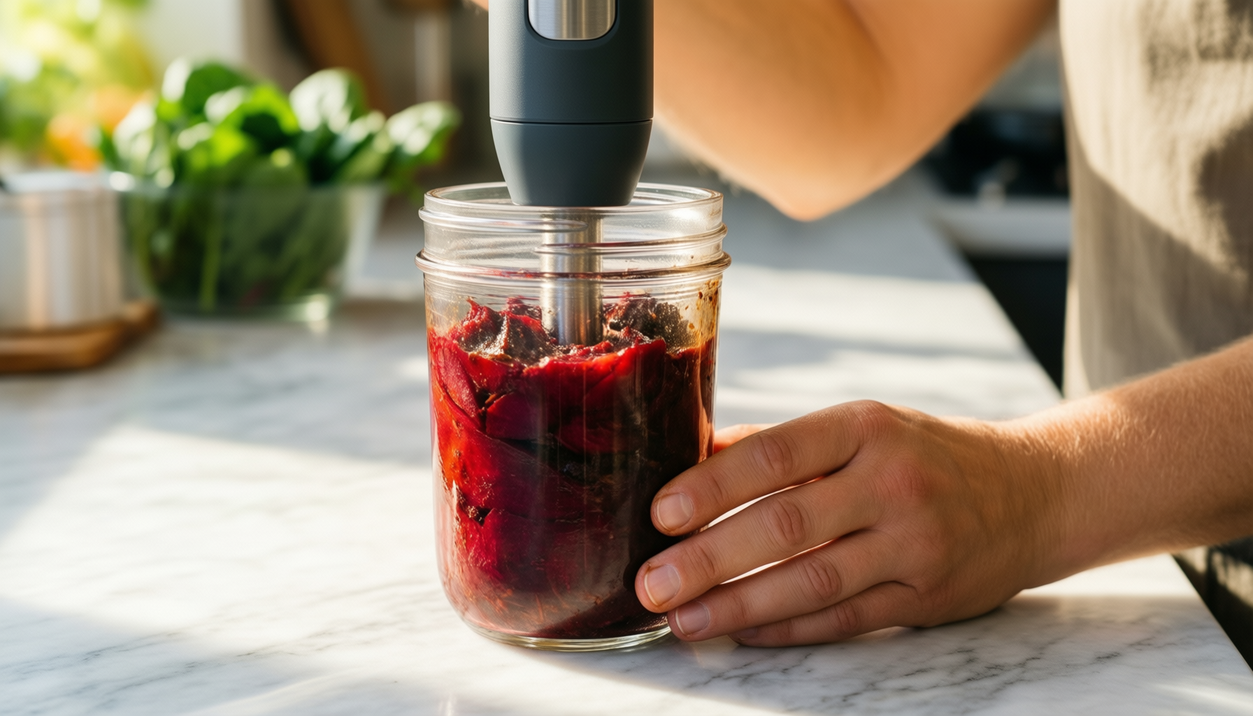 cordless immersion blender — lifestyle photo showing Cordless Immersion Blender Handheld: in use