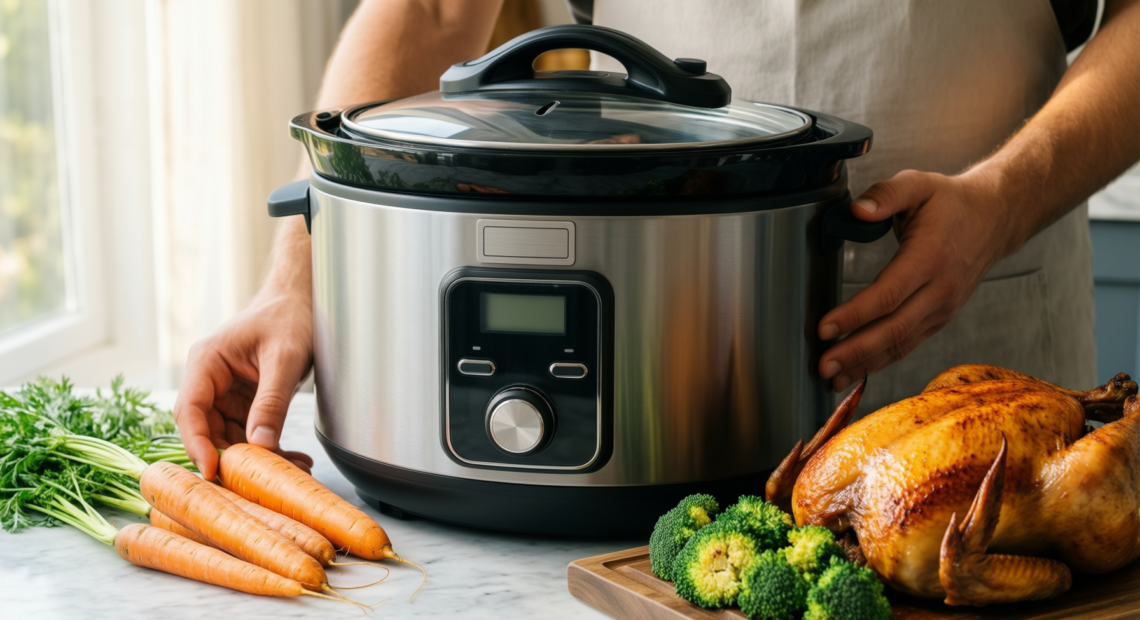 prestige mechanical slow cooker 3.5l — lifestyle photo showing Prestige Mechanical Slow Cooker, in use