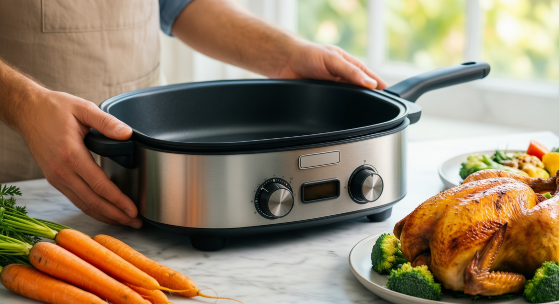 giles and posner electric frying pan — lifestyle photo showing Giles & Posner EK4247 in use