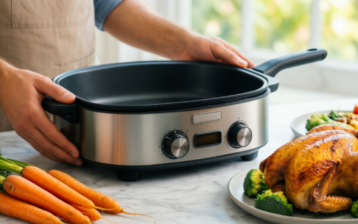 giles and posner electric frying pan — lifestyle photo showing Giles & Posner EK4247 in use
