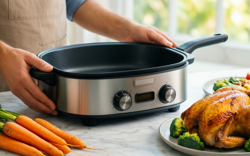 giles and posner electric frying pan — lifestyle photo showing Giles & Posner EK4247 in use