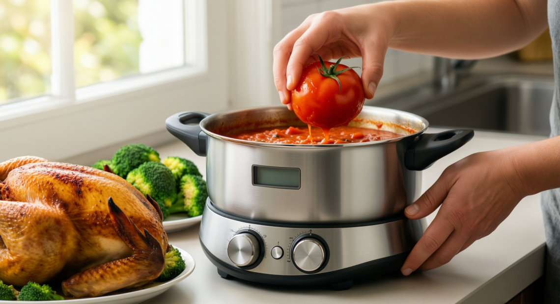 kitchenaid stainless steel saucepan 2 quart — lifestyle photo showing KitchenAid Stainless Steel Saucepan in use