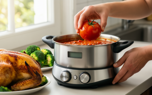 kitchenaid stainless steel saucepan 2 quart — lifestyle photo showing KitchenAid Stainless Steel Saucepan in use