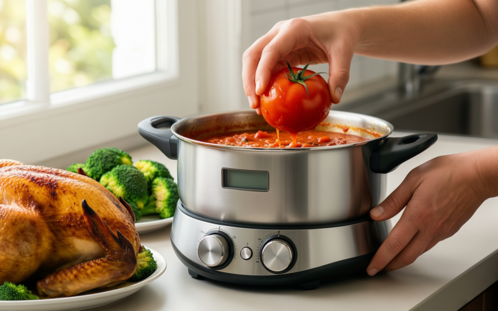 kitchenaid stainless steel saucepan 2 quart — lifestyle photo showing KitchenAid Stainless Steel Saucepan in use