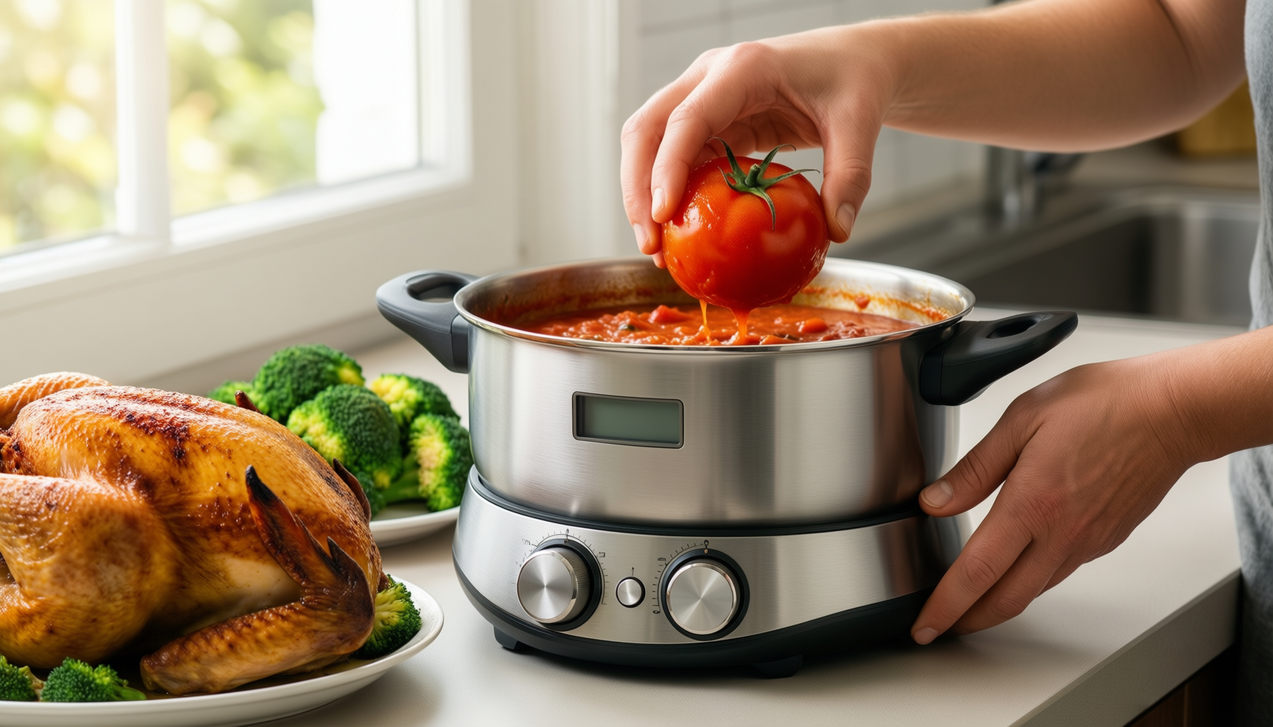 kitchenaid stainless steel saucepan 2 quart — lifestyle photo showing KitchenAid Stainless Steel Saucepan in use