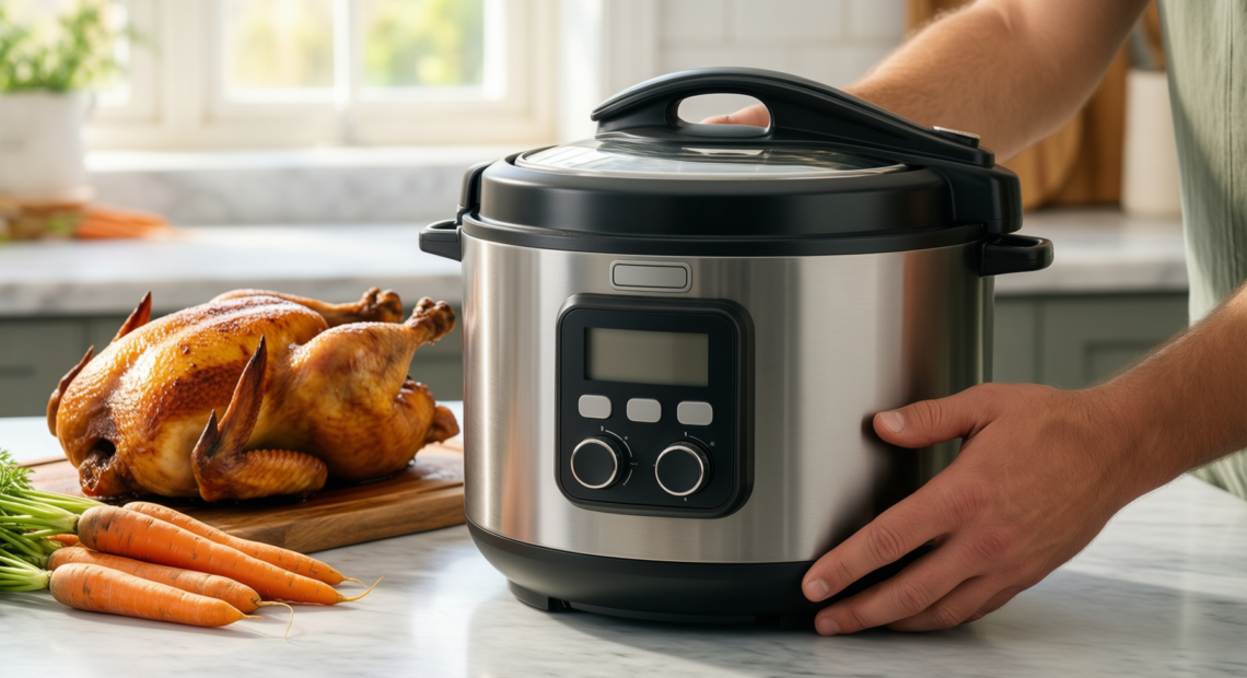 fissler vitavit premium pressure cooker — lifestyle photo showing Fissler Vitavit Premium Pressure in use