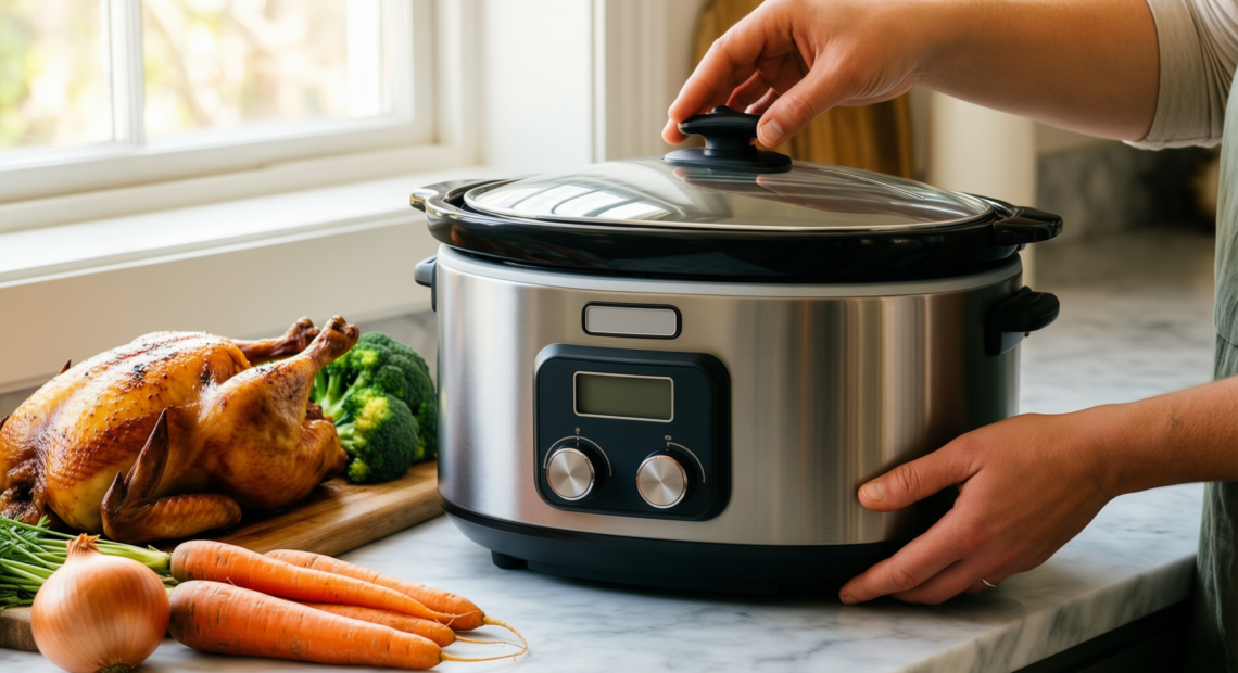 icook 6.5 quart slow cooker — lifestyle photo showing ICOOK USC-65-OP001BL 6.5 Quart in use