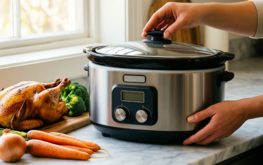 icook 6.5 quart slow cooker — lifestyle photo showing ICOOK USC-65-OP001BL 6.5 Quart in use