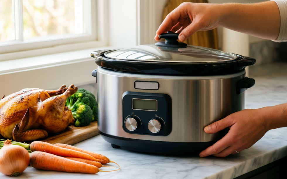 icook 6.5 quart slow cooker — lifestyle photo showing ICOOK USC-65-OP001BL 6.5 Quart in use