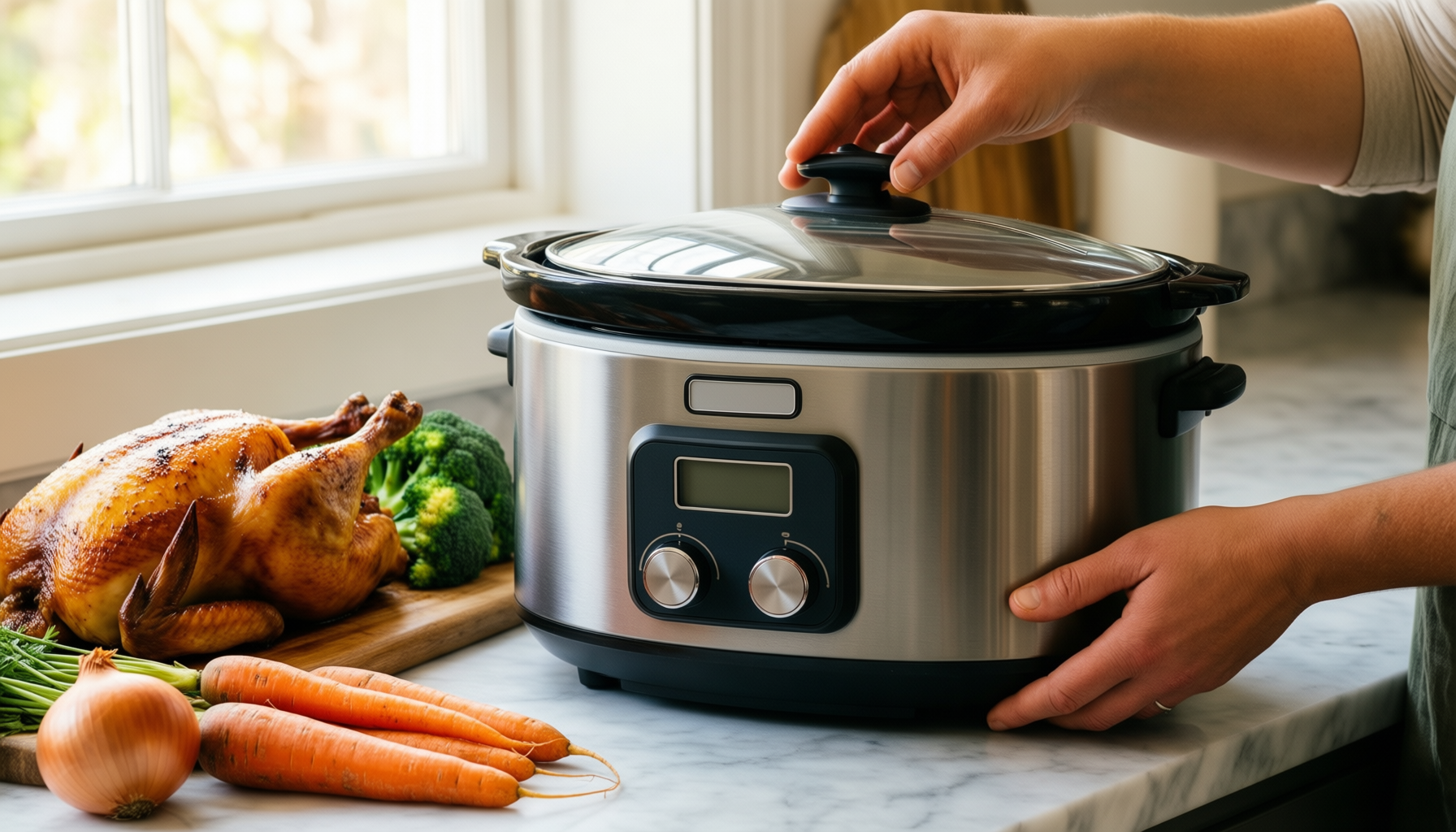 icook 6.5 quart slow cooker — lifestyle photo showing ICOOK USC-65-OP001BL 6.5 Quart in use