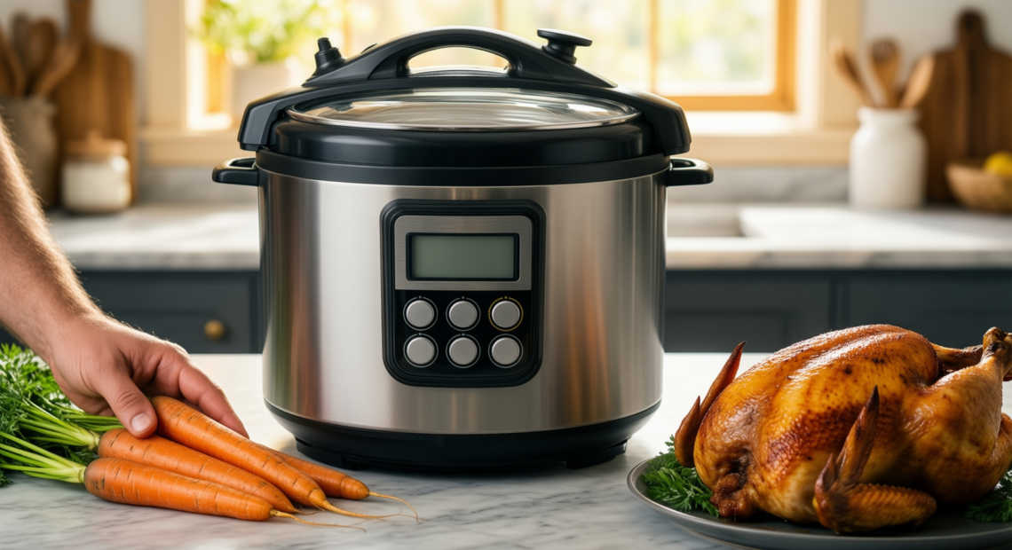futura pressure cooker 6 litre — lifestyle photo showing FUTURA Pressure Cooker, 6 in use
