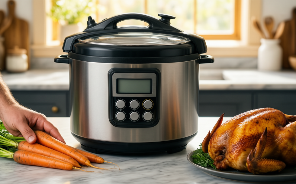 futura pressure cooker 6 litre — lifestyle photo showing FUTURA Pressure Cooker, 6 in use