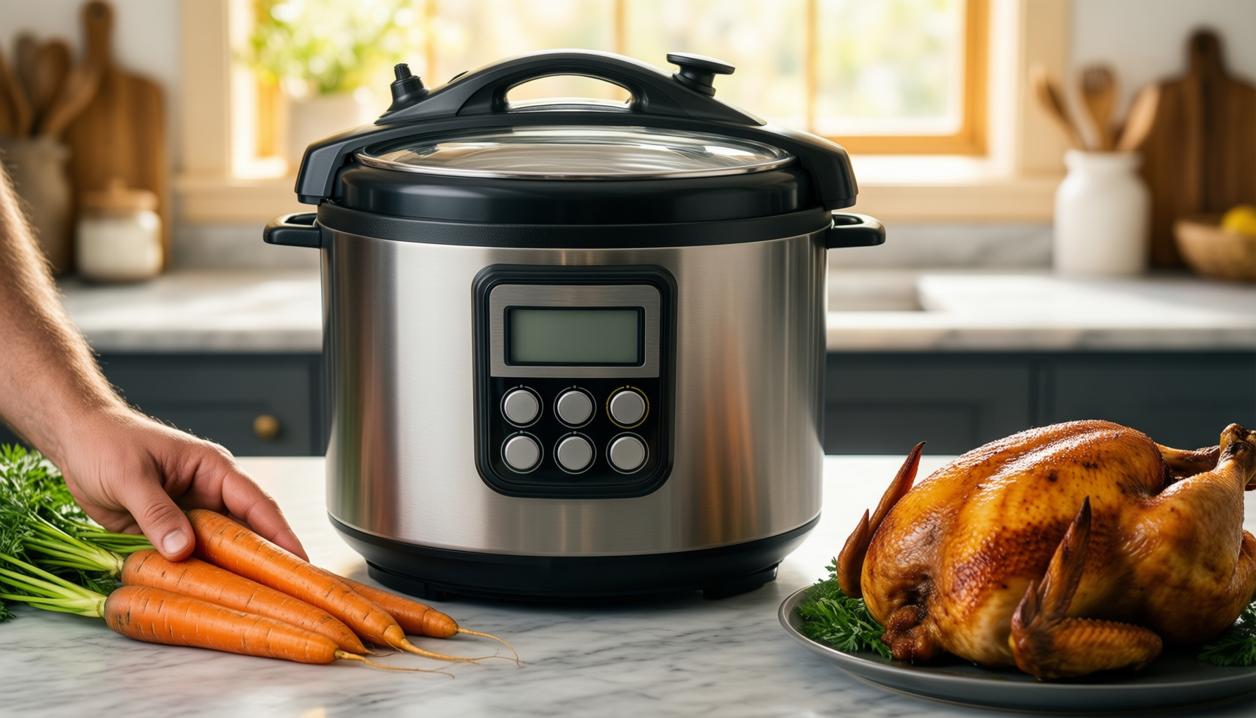 futura pressure cooker 6 litre — lifestyle photo showing FUTURA Pressure Cooker, 6 in use
